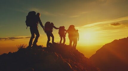 People hiking together on a mountain at sunset holding hands