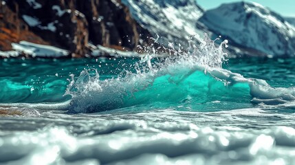 Arctic Ocean Wave  Turquoise Water  Snow Mountains  High Resolution