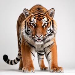 Naklejka premium Majestic Tiger Portrait with Piercing Eyes, Striking Stripes, Detailed Features, White Fur, Intense Gaze, Regal Pose, High-Contrast Studio Lighting, Close-Up Wildlife Photography, Generative AI
