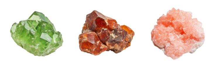 Vibrant crystal clusters nature close-up photography on clear background