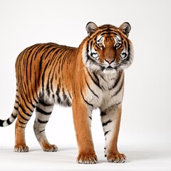 Fototapeta premium Majestic Tiger Portrait with Piercing Eyes, Striking Stripes, Detailed Features, White Fur, Intense Gaze, Regal Pose, High-Contrast Studio Lighting, Close-Up Wildlife Photography, Generative AI