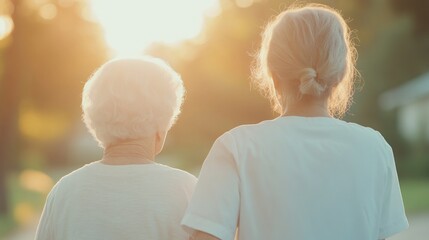 Supportive elderly friends walking together, two older women in casual attire enjoying a sunset stroll, warm atmosphere.