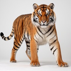 Fototapeta premium Majestic Tiger Portrait with Piercing Eyes, Striking Stripes, Detailed Features, White Fur, Intense Gaze, Regal Pose, High-Contrast Studio Lighting, Close-Up Wildlife Photography, Generative AI