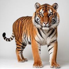 Majestic Tiger Portrait with Piercing Eyes, Striking Stripes, Detailed Features, White Fur, Intense Gaze, Regal Pose, High-Contrast Studio Lighting, Close-Up Wildlife Photography, Generative AI