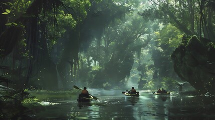 A group of explorers kayaking down a river surrounded by dense forest.

