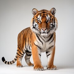 Fototapeta premium Majestic Tiger Portrait with Piercing Eyes, Striking Stripes, Detailed Features, White Fur, Intense Gaze, Regal Pose, High-Contrast Studio Lighting, Close-Up Wildlife Photography, Generative AI