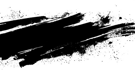 Bold Black Brush Strokes with Splatter Texture on White Background