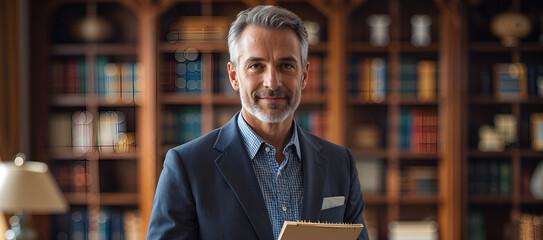 Casual Professional Man in Blue Shirt Holding Tablet in a Cozy, Book-Filled Library
