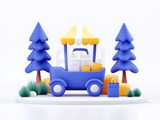 Obraz premium Colorful food cart surrounded by stylized trees and soft landscape elements