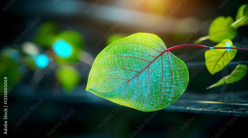 Poster futuristic bio tech green leaf with digital data network