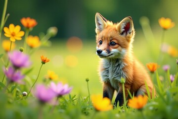 Obraz premium Adorable fox cub sitting among vibrant wildflowers in a meadow, cute, nature
