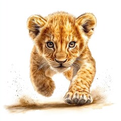 Obraz premium Adorable Baby Lion Cub Watercolor Painting on White Background - African Wildlife Art