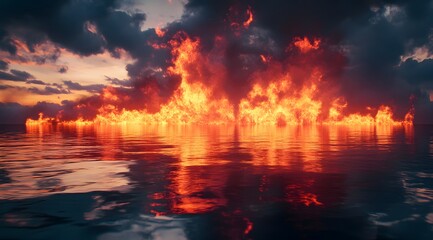 Fiery Inferno Reflecting On Calm Ocean Waters