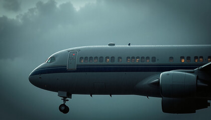 Fototapeta premium Airplane approaching landing in stormy weather with rain and dark clouds in the background view