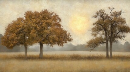 Serene Autumn Dawn: Misty Meadow with Golden Trees