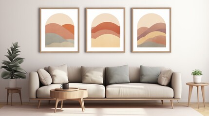 Boho Wall Art Set 3 or 4 Pieces of Posters, abstract boho rainbow prints with earthy tones and minimalist design.