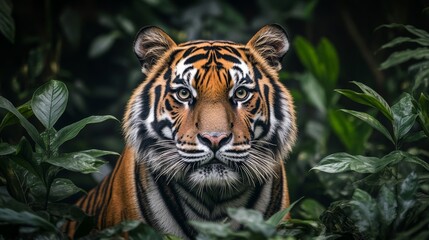 Fototapeta premium Majestic Tiger Staring Intently Through Lush Green Jungle Foliage in Wildlife