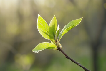 Fototapeta premium Close-up of the first green leaves on a branch, soft green color contrasting with the bare branches, morning light highlighting the delicate texture