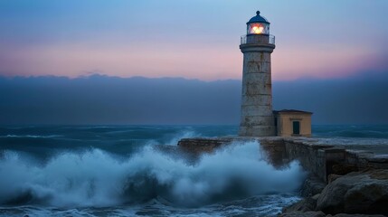 Majestic lighthouse standing tall against crashing waves at dusk with dramatic sky
