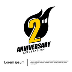 2nd years anniversary celebration emblem. anniversary logo isolated with sparks - fireball on black background. vector illustration template design for web, flyers, poster, greeting card