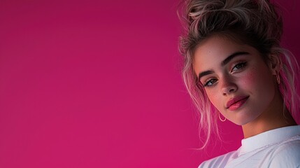 Young Woman  Pink Background  Trendy Lifestyle  Social Media Influencer Portrait