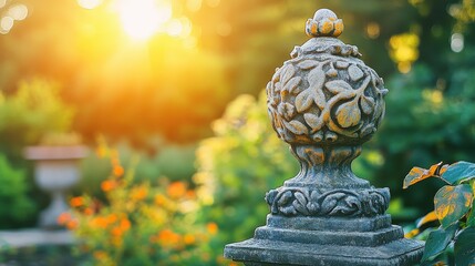 Ornate Garden Ornament with Sunlight and Lush Greenery Background