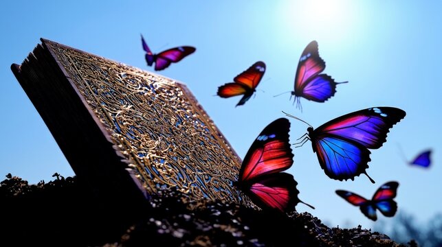 Magical Book Butterflies Emerging Fantasy Nature Gold Filigree - Powered by Adobe