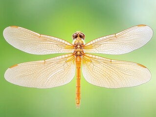 Close-up of a delicate dragonfly in vibrant green background showcasing its intricate wings