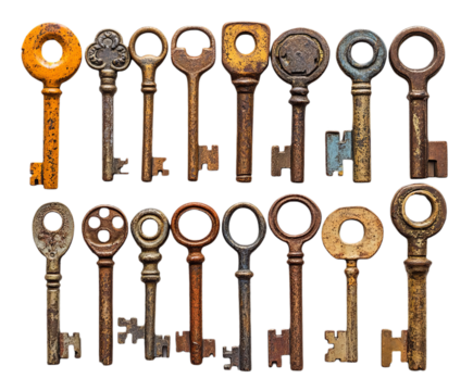 Antique Skeleton Keys Collection Vintage Rusty Metal Keys Old Door Keys Set Brown Orange Keys Aged Retro Grunge Texture Background
