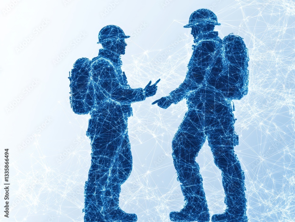 Poster two construction workers engaged in a discussion with a digital network background
