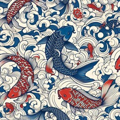 Naklejka premium Ukiyo-e Fish Decorative Pattern 