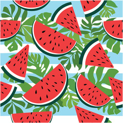 Seamless Watermelon Pattern with Black Seeds and Watercolor Slices