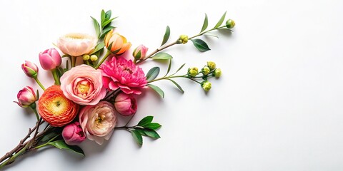 Bold High-Contrast Branch of Flowers Flat Lay White Background Stock Photo