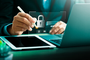 Businessman Using Stylus for Digital Login with Secure Padlock Icon, Emphasizing Cybersecurity, Data Protection, and Access Authentication in a Technology Driven Workspace
