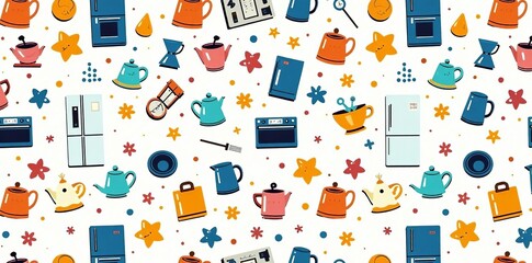Fun and colorful doodle icons of household appliances like fridge, stove, and coffee maker on a seamless pattern background, icons, colorful
