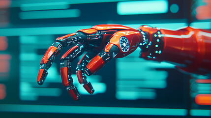 Naklejka premium A close-up of a robotic hand with intricate mechanical details, showcasing a bright red color and advanced technology against a digital background.