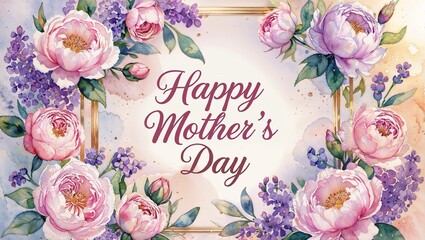 A digital illustration of a greeting card for Mother's Day. It features a frame with pink and purple flowers, and the words "Happy Mother's Day" written in a decorative font.