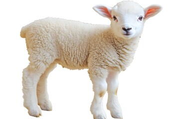 Fototapeta premium An Adorable Fluffy Lamb Stands Against A White Background