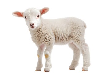 Fototapeta premium An Adorable Young Lamb Stands Against A White Background