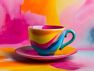 Fototapeta premium Colorful Tea Cup and Saucer on Abstract Painted Background Still Life