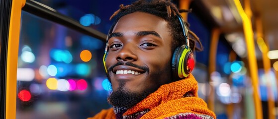 Obraz premium Smiling Man on Night City Bus Listening to Music with Headphones