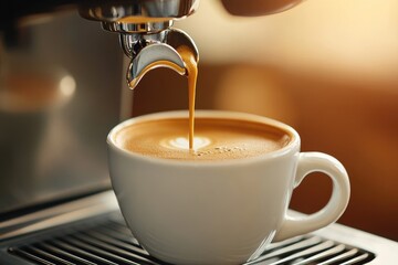 Close-Up of Espresso Pouring into a Cup from a Coffee Machine in Warm Lighting