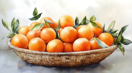 Ripe Oranges in Wicker Basket  A Burst of Citrus Delight Still Life Fruit Arrangement Watercolor