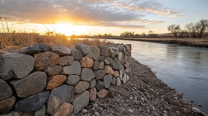 Fototapeta premium River Bank Protection with Rocks in Colorado during Sunset Creating Natural Resilience and Beauty