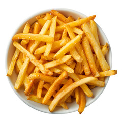An overhead shot features a white bowl overflowing with perfectly fried and salted french fries.