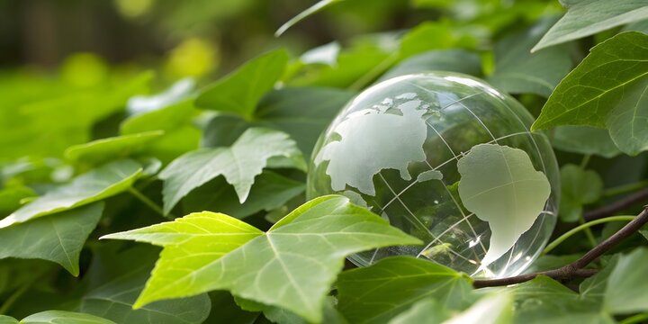 ESG, BCG, and SDGs Concept. A transparent glass globe rests gently amidst vibrant green leaves, symbolizing Earths delicate beauty and the importance of environmental preservation.