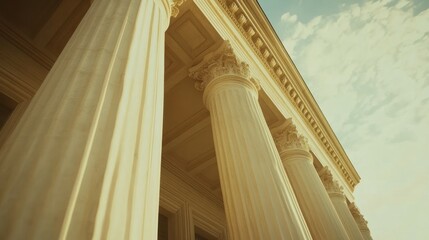 Ancient columns facade, sunlit, sky view, architectural detail, stock photo