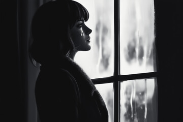 portrait of a woman crying with a sad face standing near the window