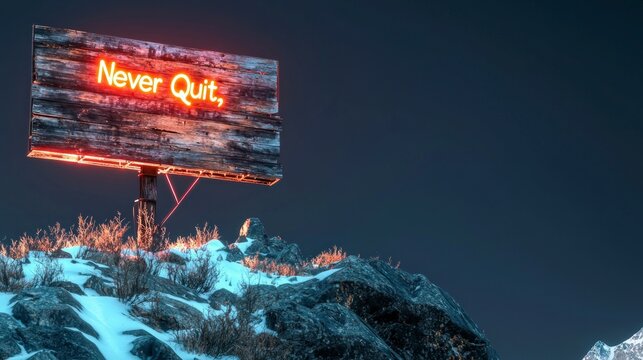Never Quit  Motivational Mountaintop Sign  Snowy Peak  Inspiring Landscape