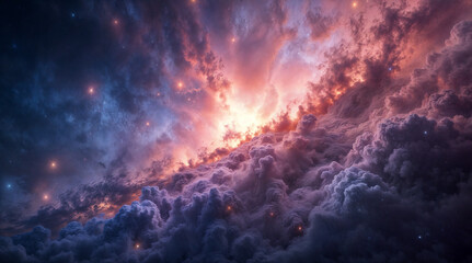 Naklejka premium Illustration of a space cosmic background of clouds and cosmic dust, glowing mysterious universe, galaxy wallpaper 